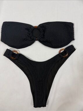 Strapless Black Bandeau Bikini with Tortoise Ring Accents